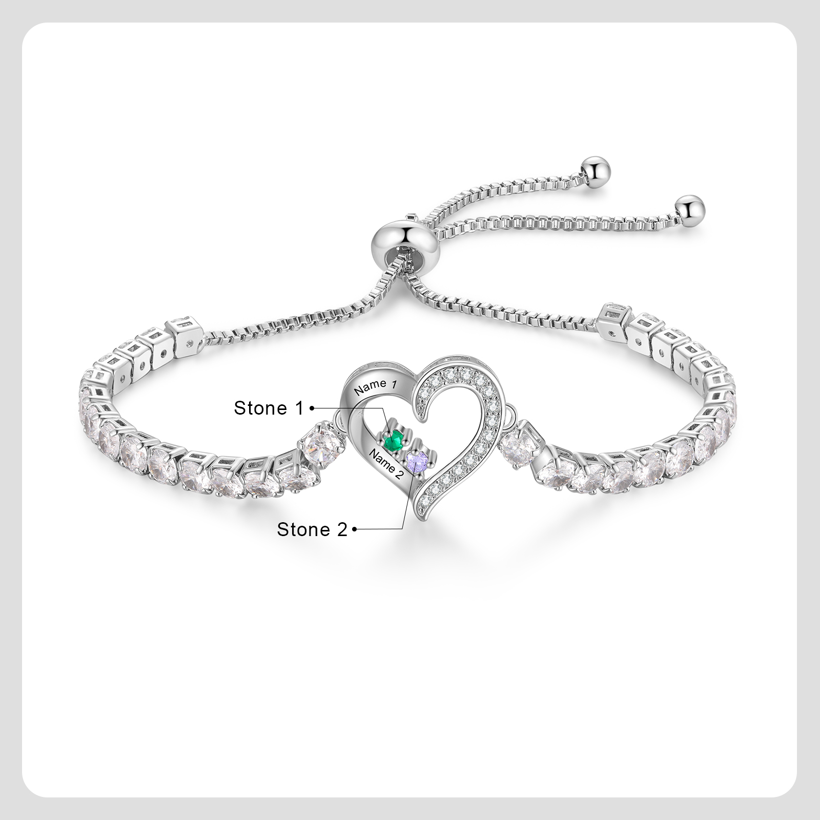 Pulsera personalizada de 2 a 4 nombres con corazón y piedra de nacimiento de circonita cúbica