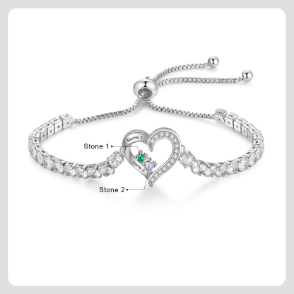 Pulsera personalizada de 2 a 4 nombres con corazón y piedra de nacimiento de circonita cúbica