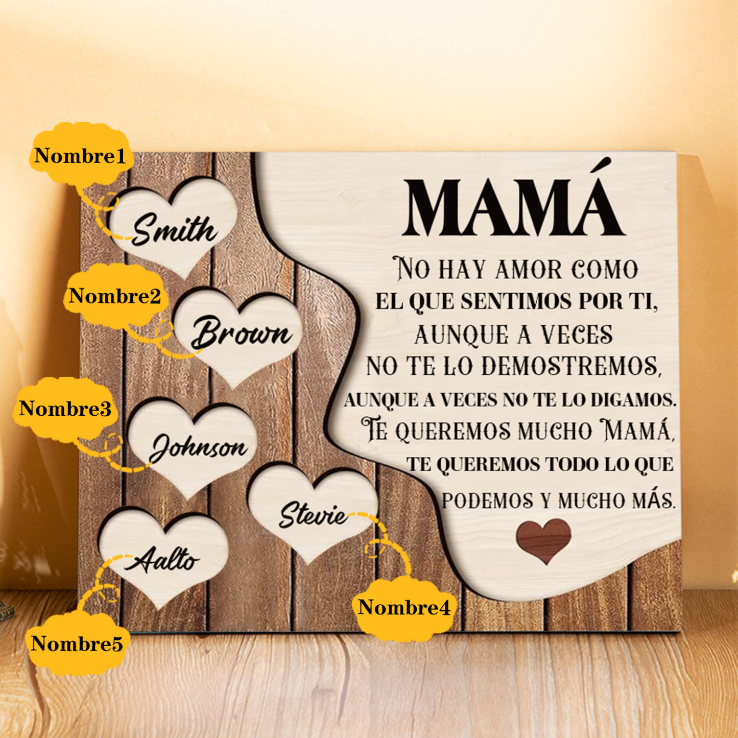 A mi mamá - Lámina 2-8 nombres personalizados marco de madera cara y corazones-Jessemade ES