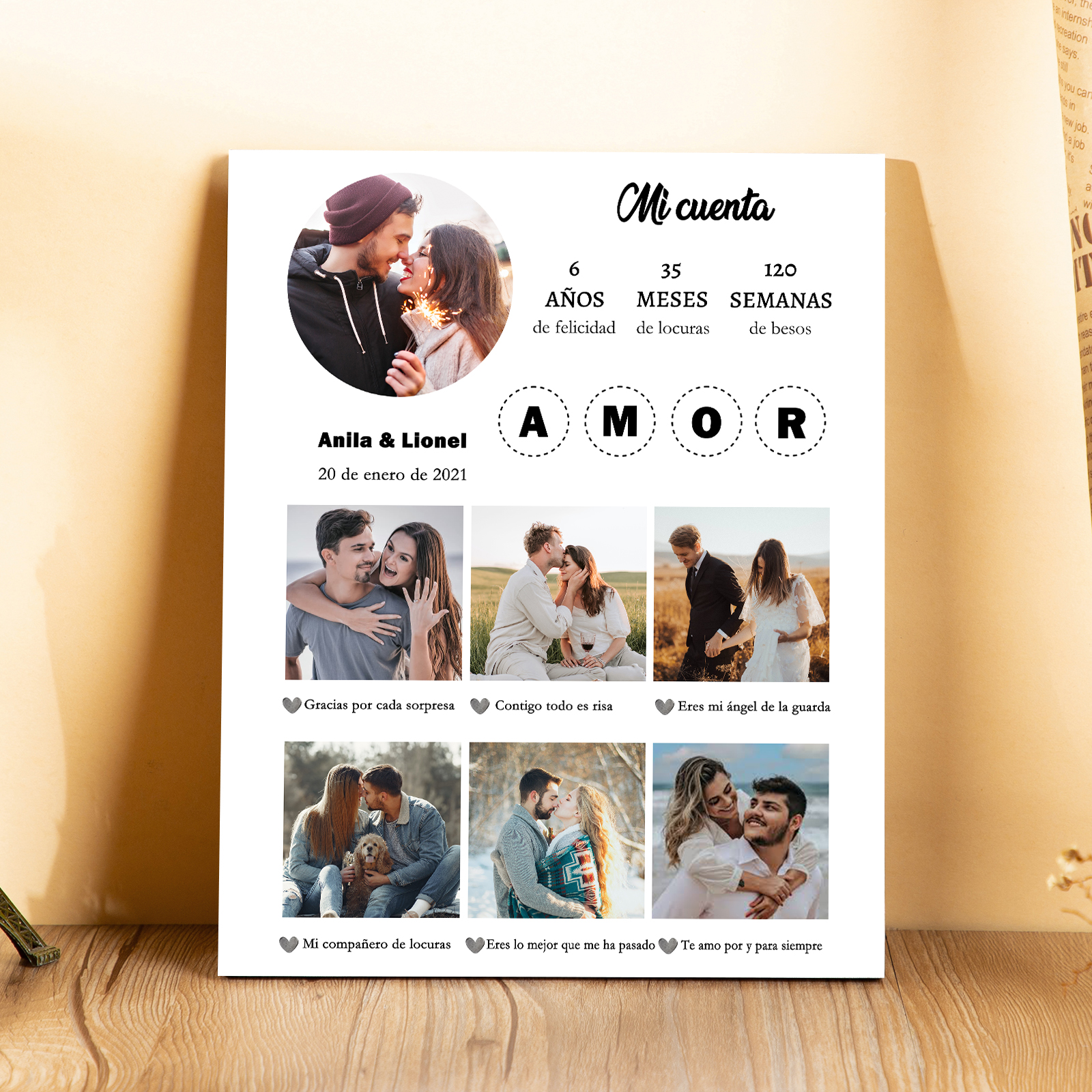 Lámina marco de madera para pareja personalizado con 2 textos, 3 números y 7 fotos-Jessemade ES