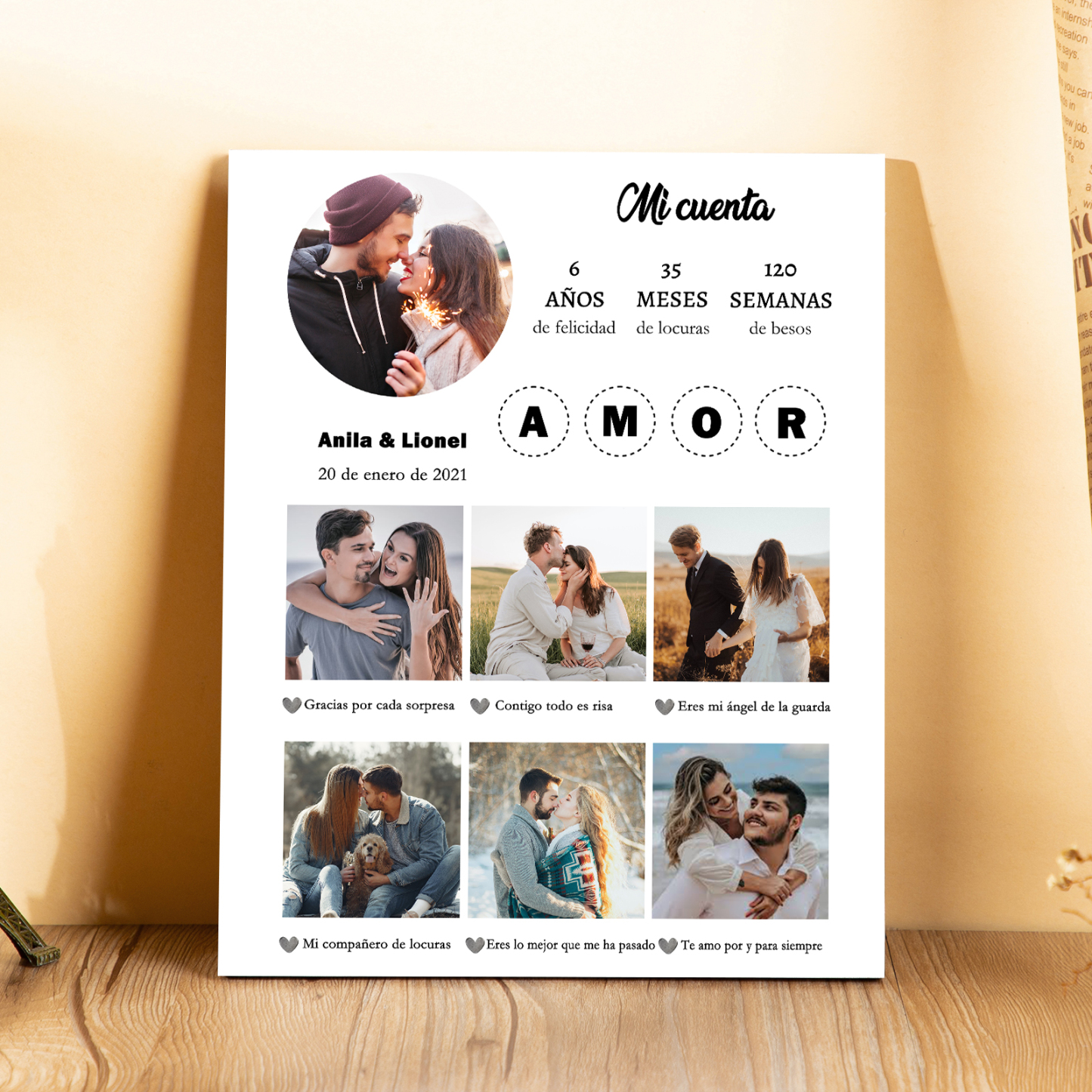 Lámina marco de madera para pareja personalizado con 2 textos, 3 números y 7 fotos-Jessemade ES