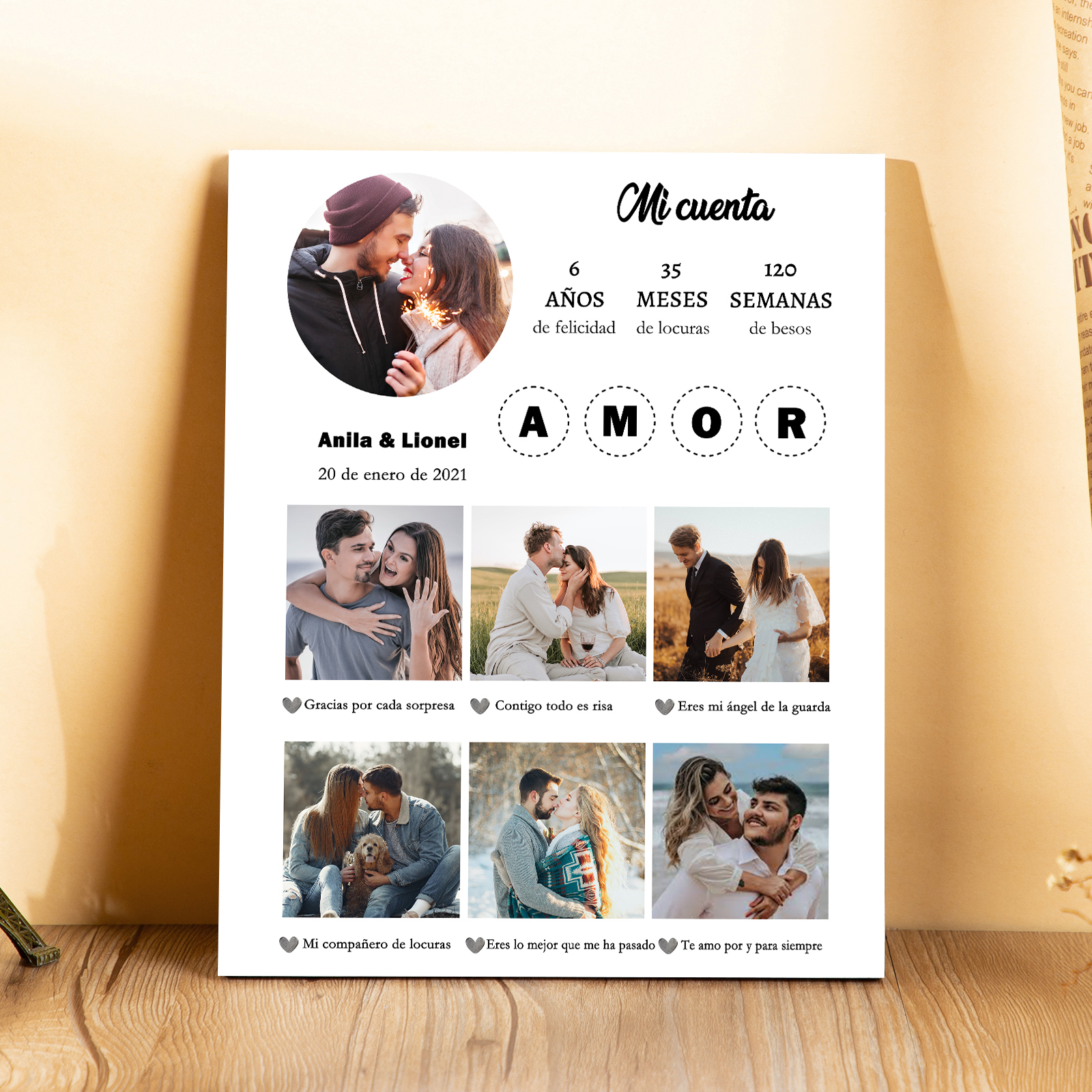 Lámina marco de madera para pareja personalizado con 2 textos, 3 números y 7 fotos-Jessemade ES