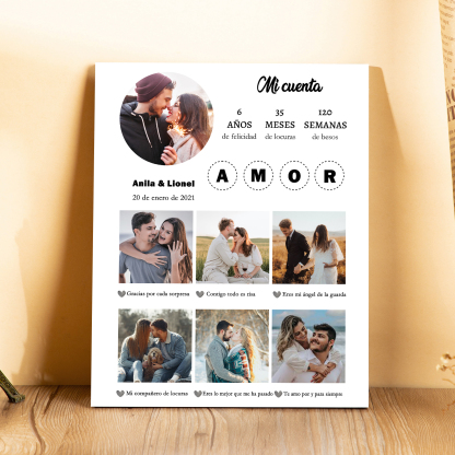 Lámina marco de madera para pareja personalizado con 2 textos, 3 números y 7 fotos-Jessemade ES