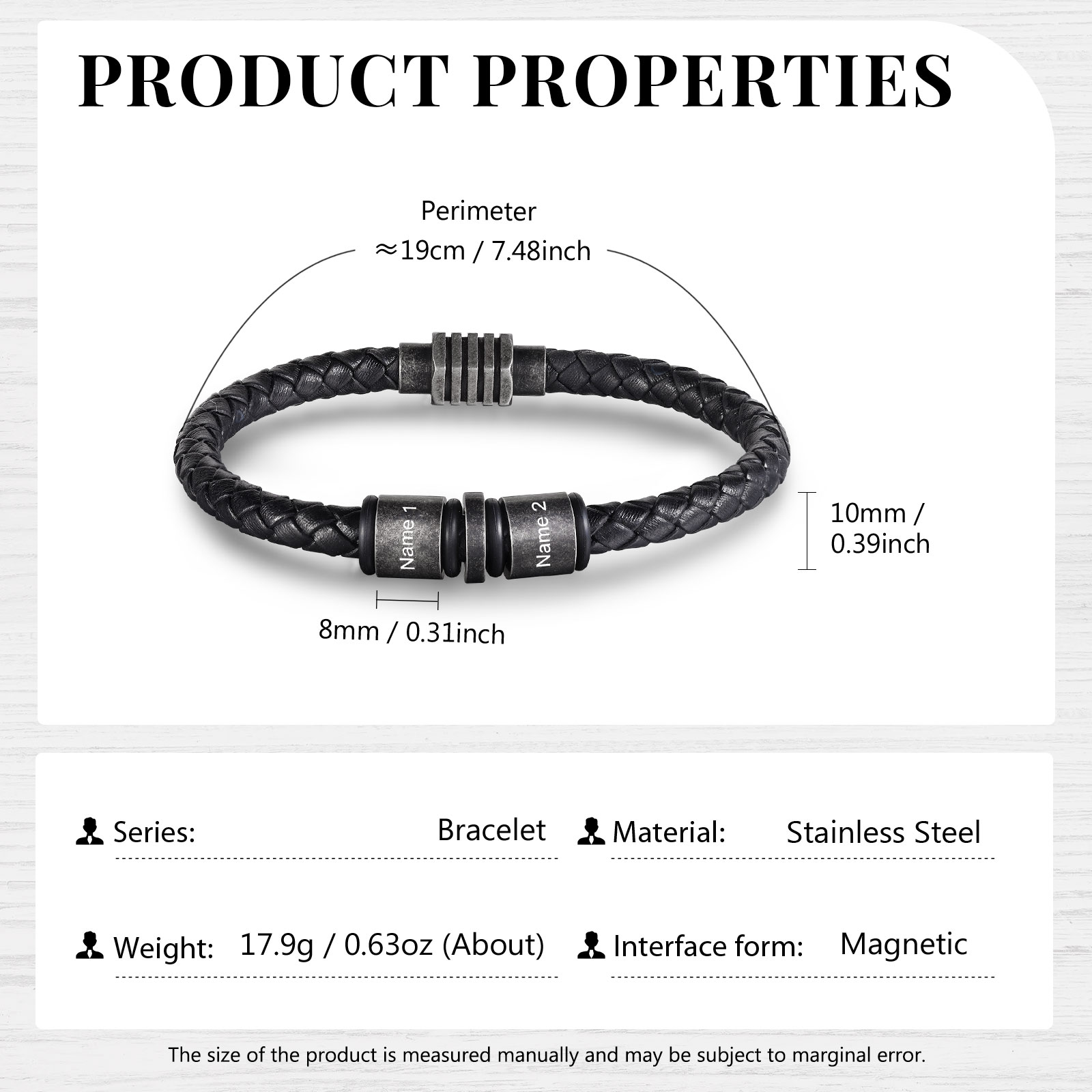 Pulsera de cuero trenzado con 2 aros 2 nombres personalizados pulsera de hombre -Jessemade ES