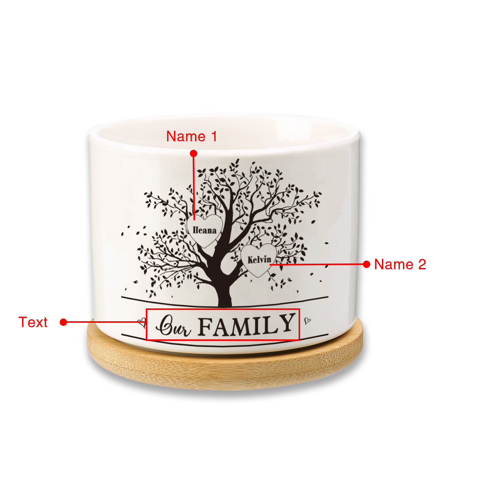 Florero con base de cerámica árbol de corazones 2-8 nombres personalizados con texto decoración del hogar-Jessemade ES