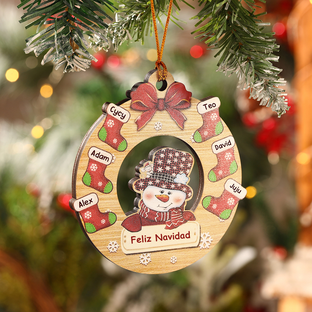 Navidad-Ornamentos Navideños de Madera Muñecos de Nieve y Calcetines 6 Nombres con Texto Personalizados-Jessemade ES