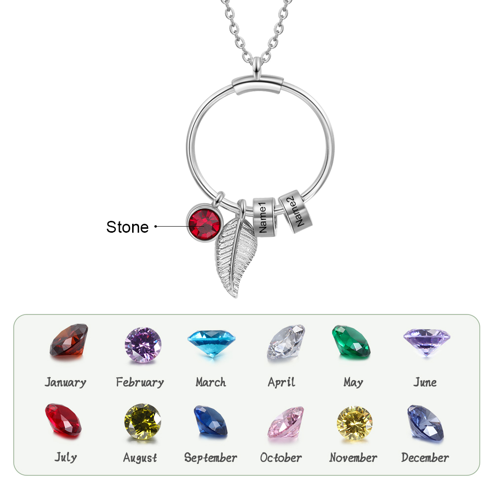 Collar con colgante de 1 piedra de nacimiento y 2 círculos de 2 nombres personalizados-Jessemade ES