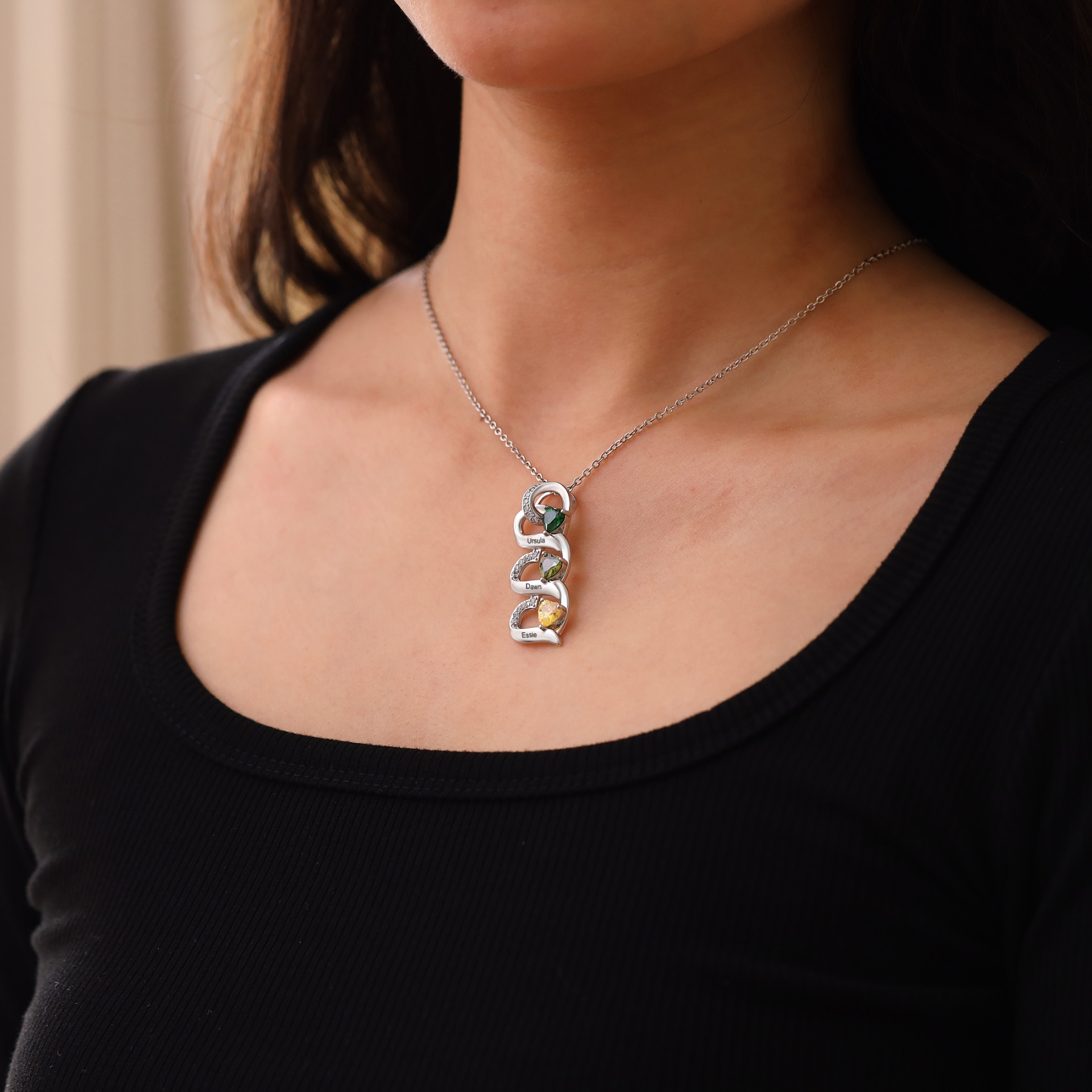 Collar de corazones con 2-5 nombres personalizados y 2-5 piedras de nacimiento-Jessemade ES