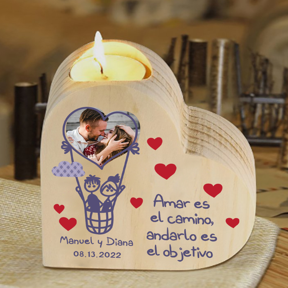 Candelero de madera globo aerostático para pareja sin vela personalizado con 2 nombres, fecha y foto-Jessemade ES