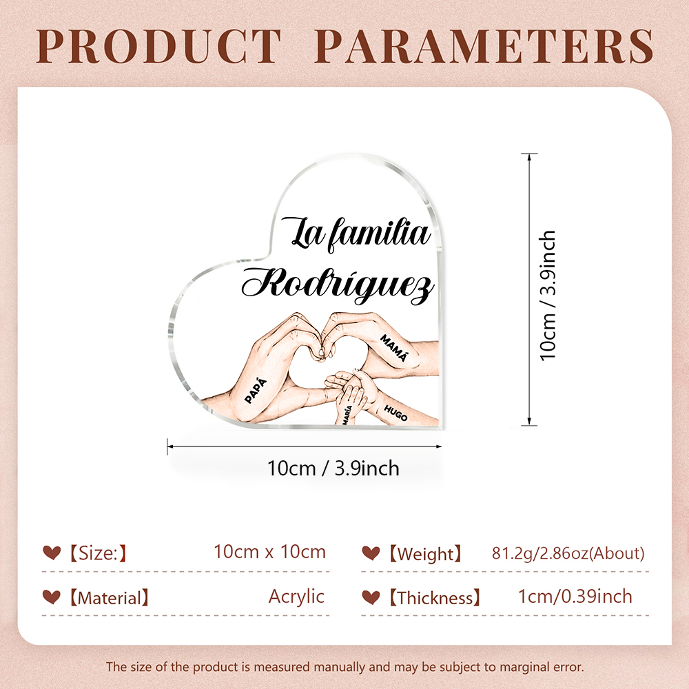 Placa de acrílico en forma de corazón mano a mano con 1 texto y 4 nombres personalizados-Jessemade ES