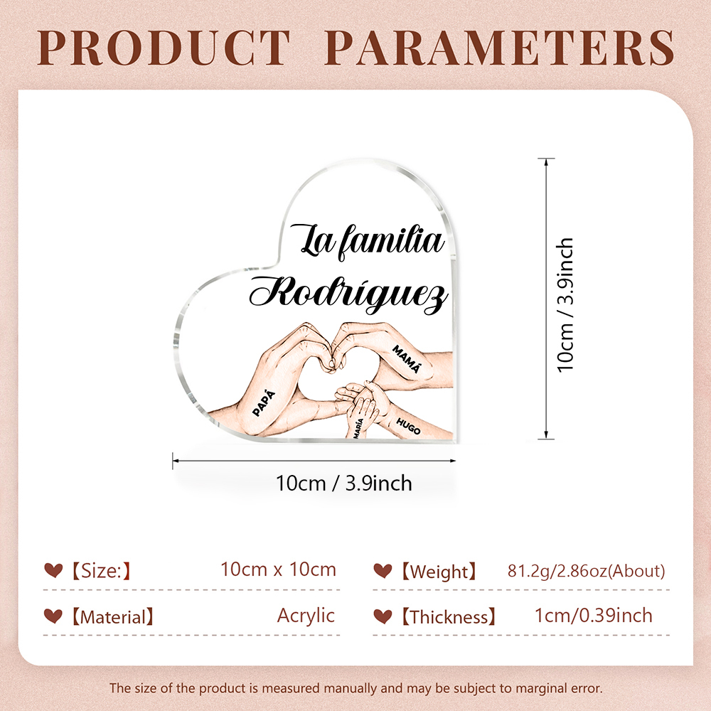 Placa de acrílico en forma de corazón mano a mano con 1 texto y 4 nombres personalizados-Jessemade ES