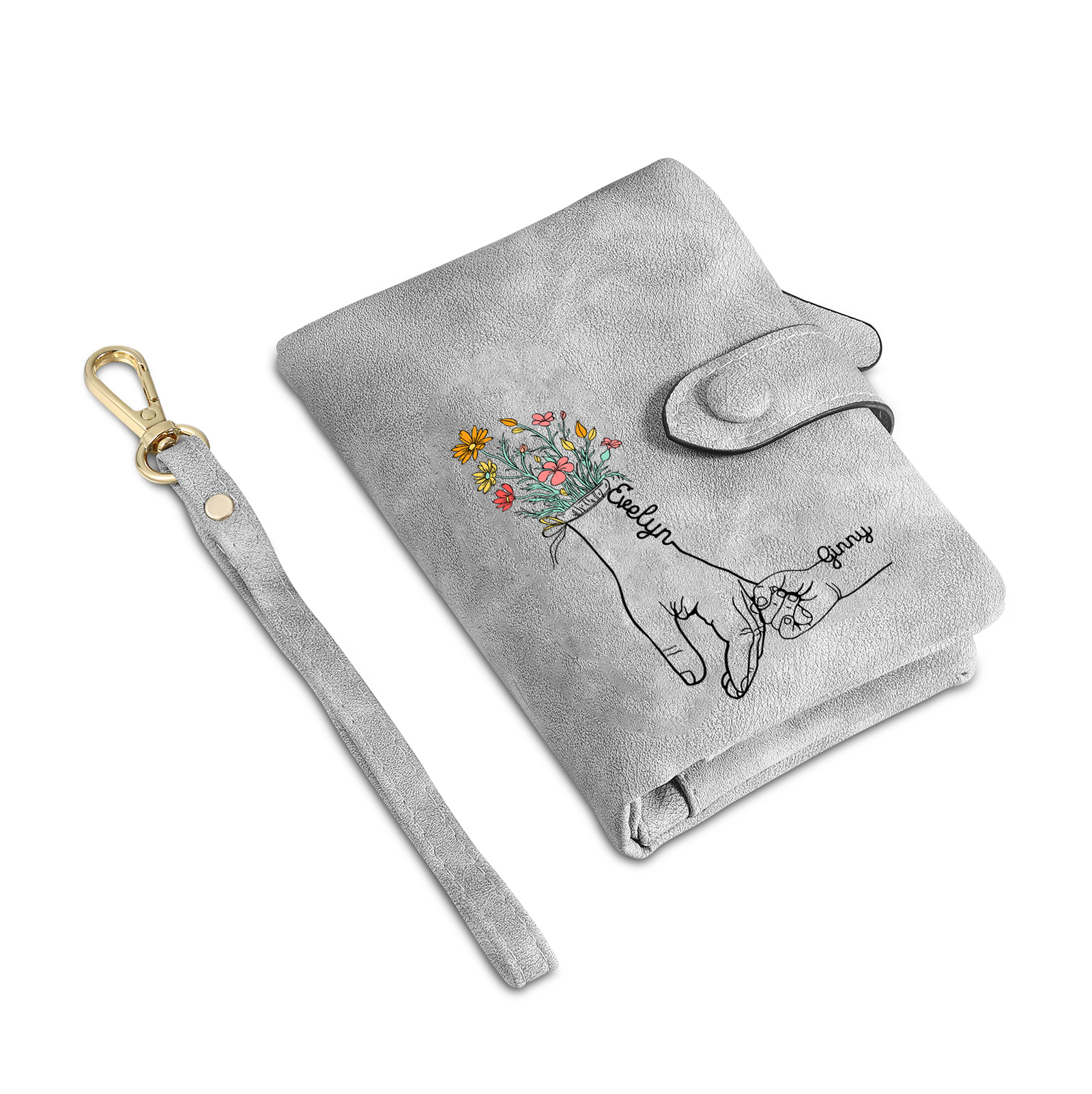 Cartera, billetera con 2 nombres y 1 foto personalizados mano con manito monedero clásico para mujer-Jessemade ES