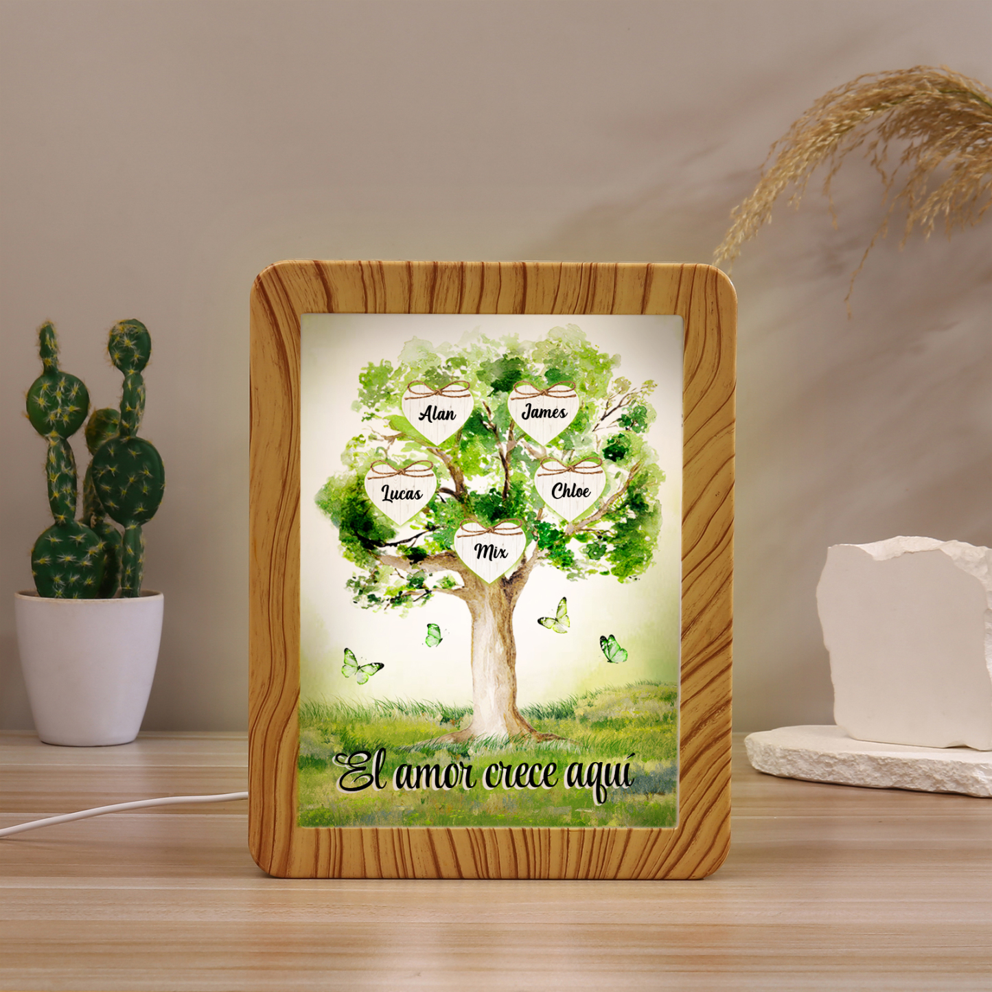 Marco/Espejo con LED Multifuncional Árbol de la Vida 2-8 Nombres Personalizados con 1 Texto-Jessemade ES