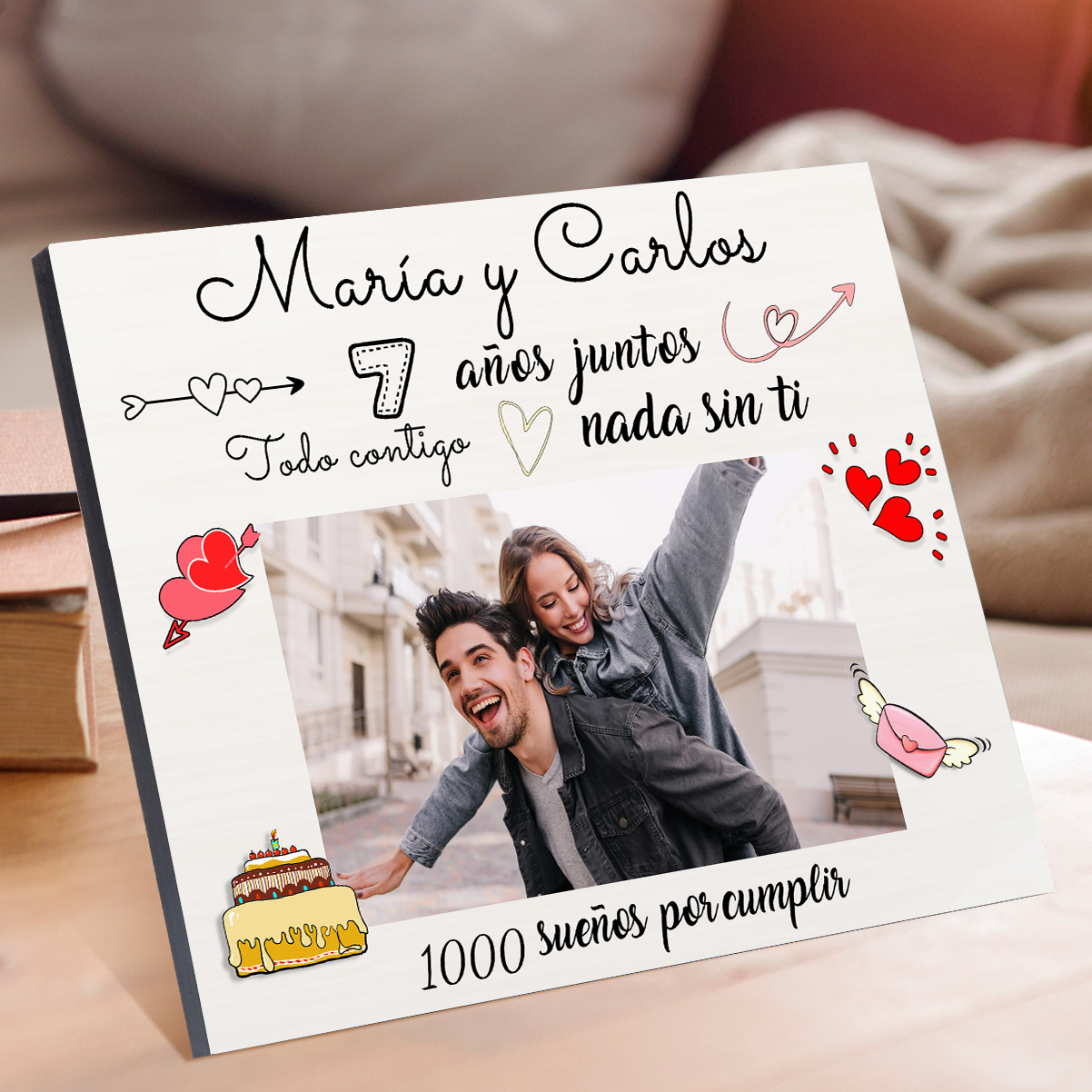 Lámina marco de madera para pareja 1 texto y 1 número personalizados con 1 foto-Jessemade ES