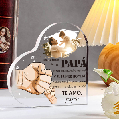 A mi papá-Placa de acrílico en forma de corazón con 2 nombres y 1 foto personalizados-Jessemade ES