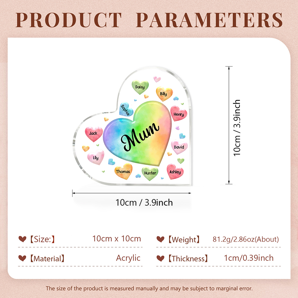 A mi mamá/abuela-Placa de acrílico "Corazones" en forma de corazón 10 nombres y 1 texto personalizados-Jessemade ES