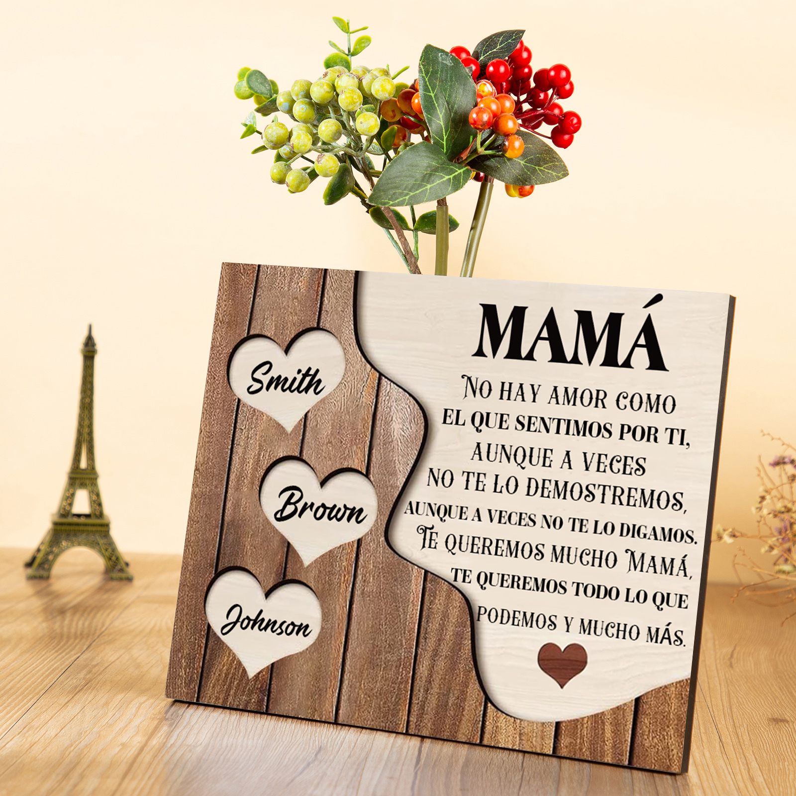 A mi mamá - Lámina 2-8 nombres personalizados marco de madera cara y corazones-Jessemade ES