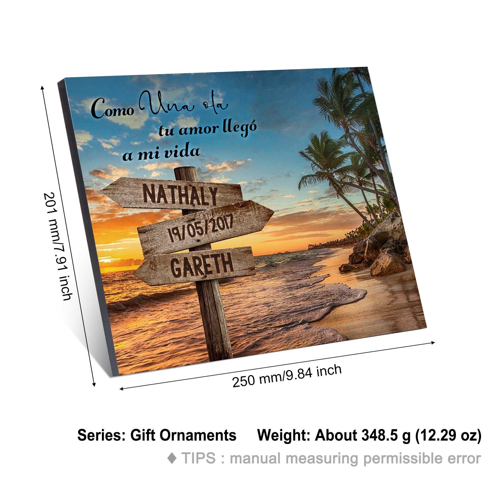 Lámina playa marco de madera para pareja personalizado con 2 nombres y fecha-Jessemade ES
