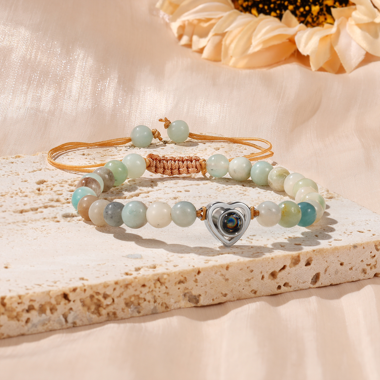 Pulsera con proyección de foto en color con dije de corazón y 8 colores de perlas de cristal-Jessemade ES