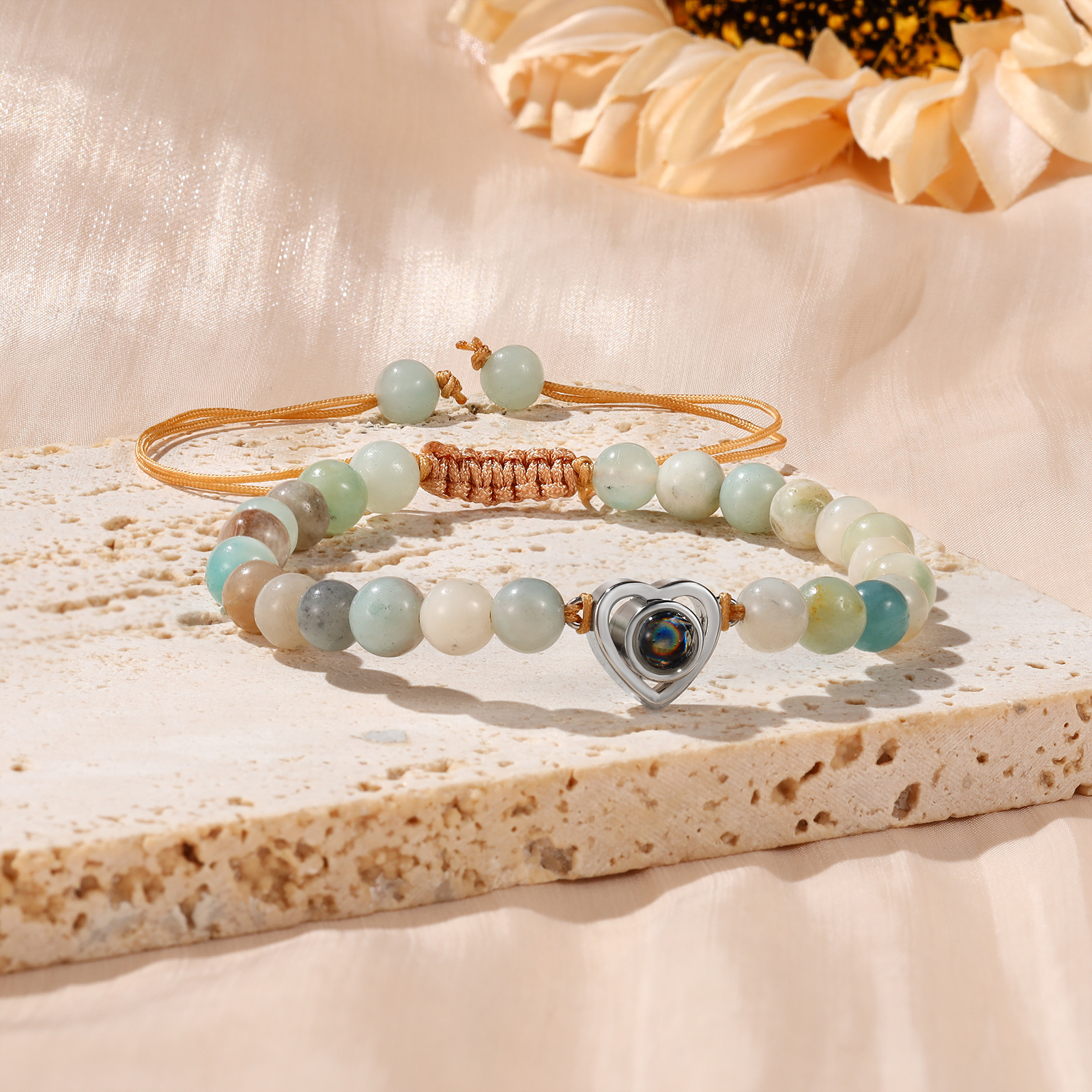 Pulsera con proyección de foto en color con dije de corazón y 8 colores de perlas de cristal-Jessemade ES