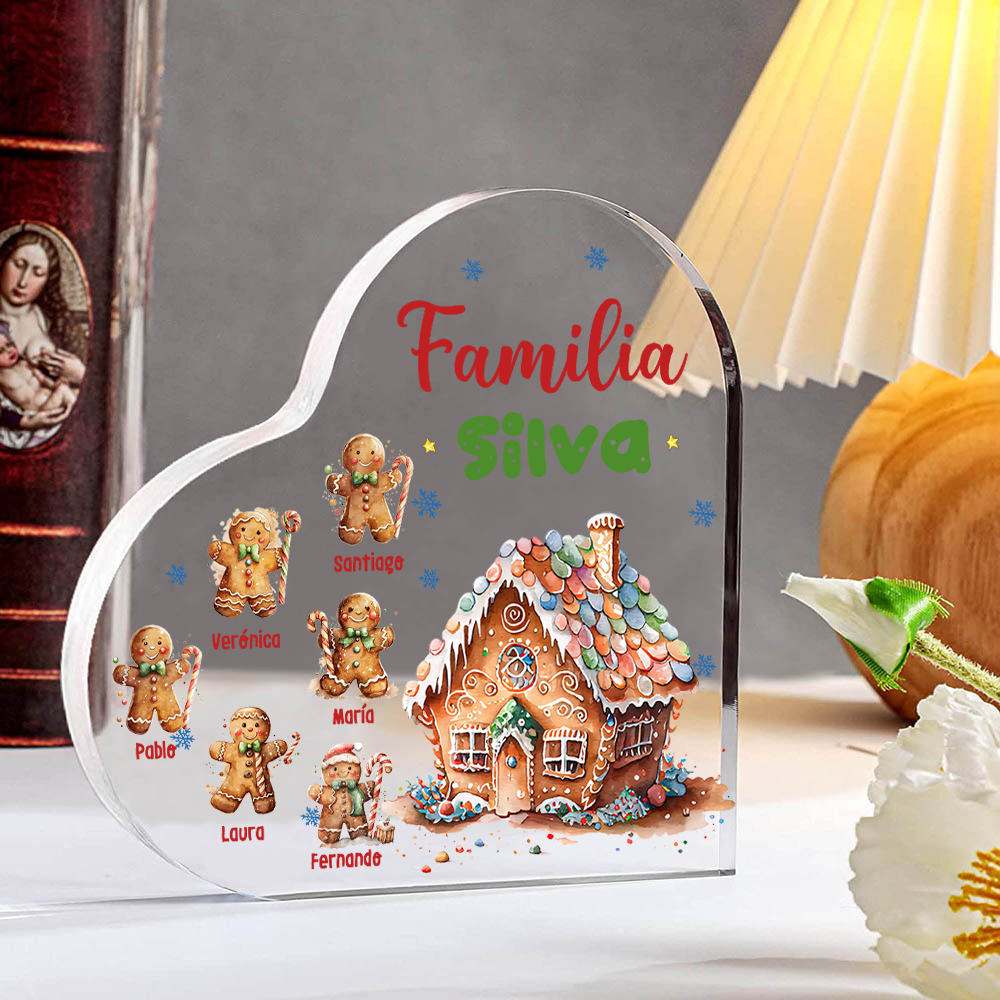 Navidad - Placa de acrílico en forma de corazón jengibres y su casa con 6 nombres y 1 texto personalizados-Jessemade ES