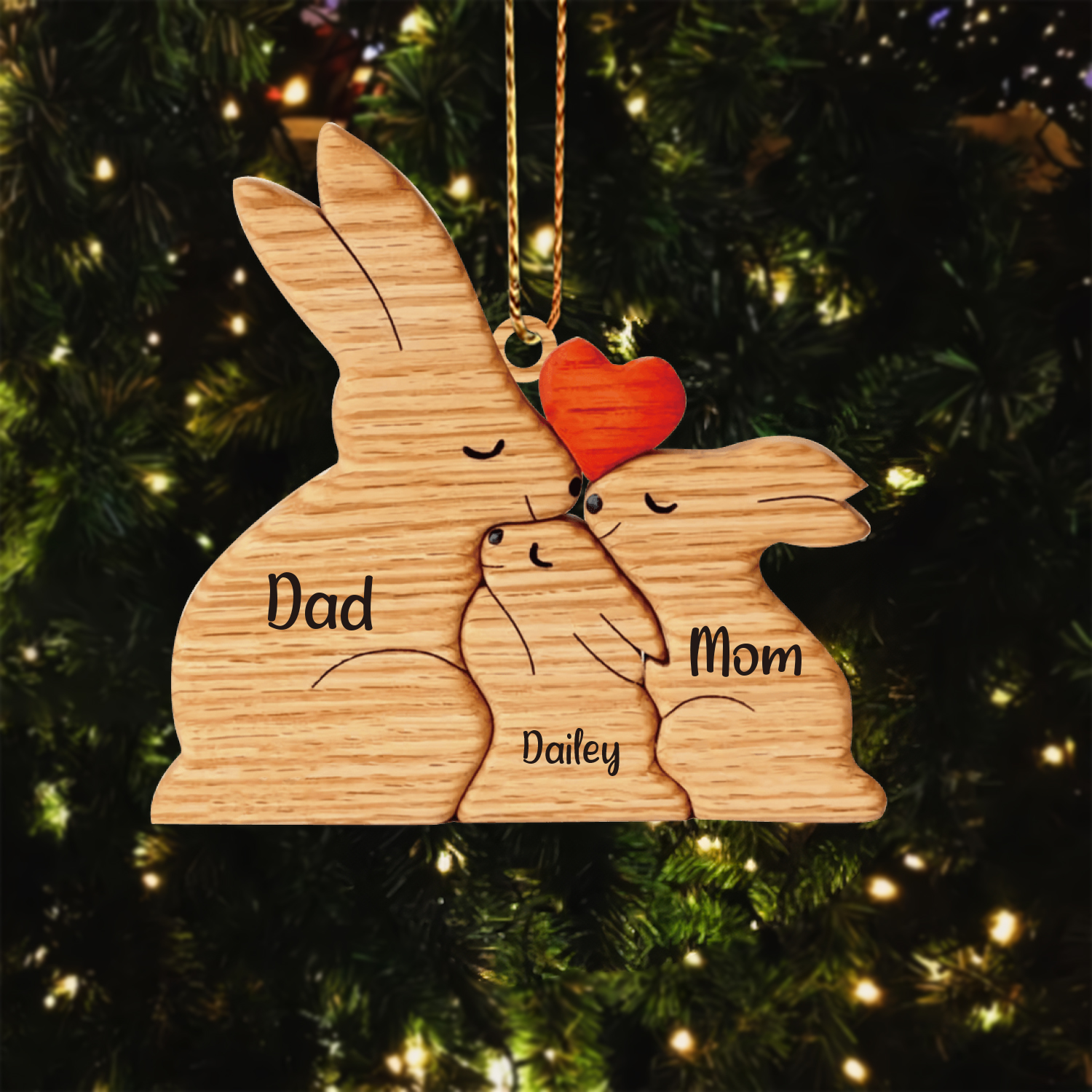 Navidad-Ornamento muñecos navideño de madera familia de conejos 3 nombres personalizados adorno del árbol-Jessemade ES