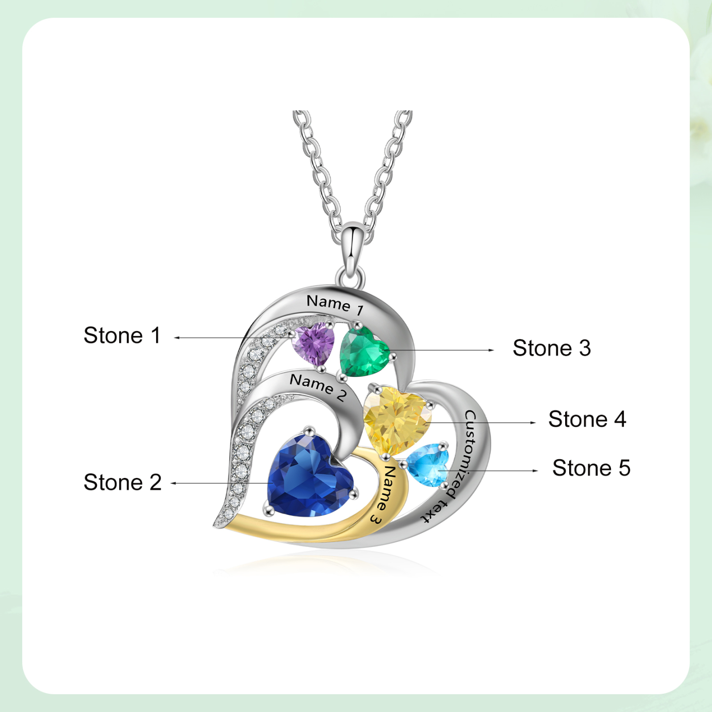 Collar corazón con 3 nombres, 1 texto y 5 piedras de nacimiento personalizados-Jessemade ES