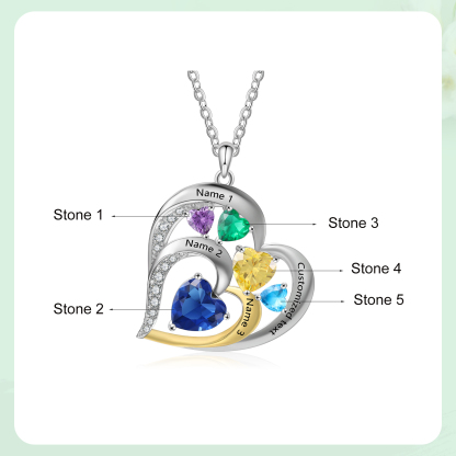 Collar corazón con 3 nombres, 1 texto y 5 piedras de nacimiento personalizados-Jessemade ES