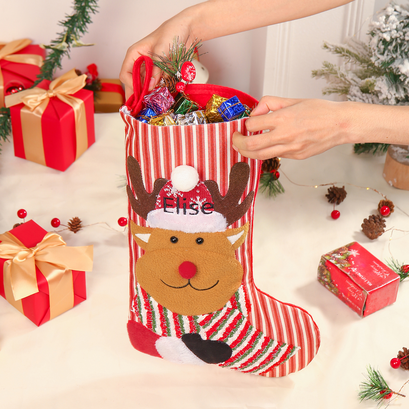 Adornos de medias navideñas con muñeco Bolsa de regalo 1 Nombre personalizado-Jessemade ES