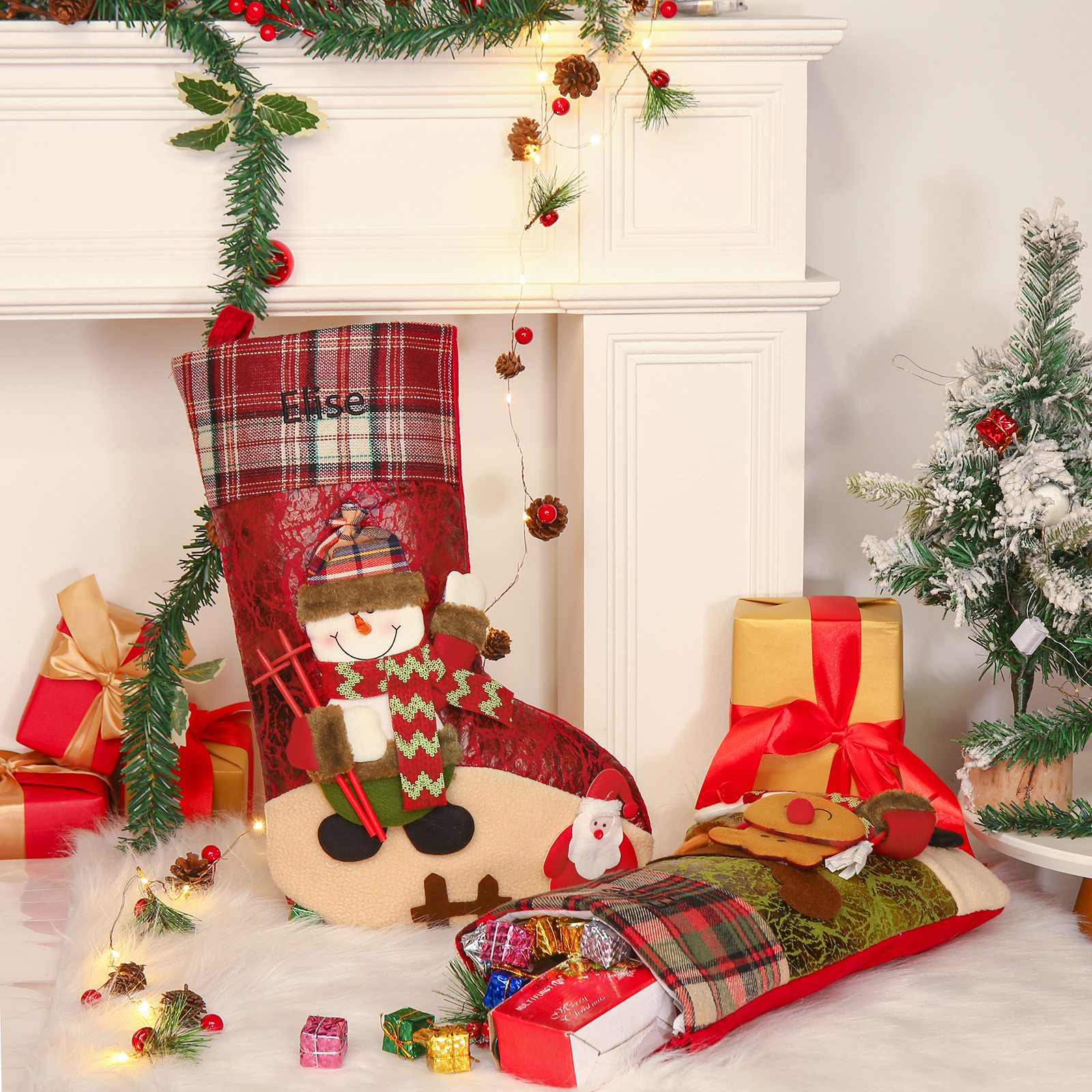 Adornos de medias navideñas con muñeco Bolsa de regalo 1 Nombre personalizado-Jessemade ES