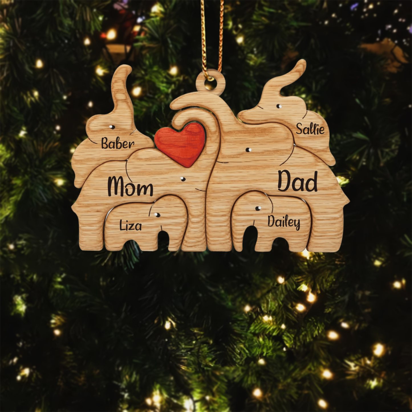Navidad-Ornamento muñecos navideño de madera familia de elefantes 6 nombres personalizados adorno del árbol-Jessemade ES