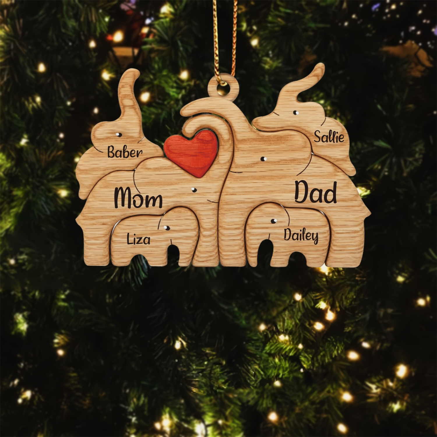 Navidad-Ornamento muñecos navideño de madera familia de elefantes 6 nombres personalizados adorno del árbol-Jessemade ES