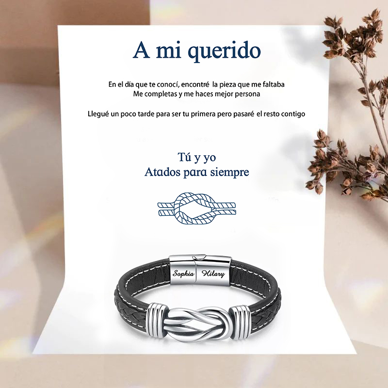 A mi querido-Pulsera de Cuero Nudo Eterno de Acero Inoxidable con 2 Nombres Personalizados