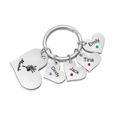 A mi mamá/abuela - Llavero con 4 nombres y piedras de nacimiento personalizados en corazones con texto y flor-Jessemade ES