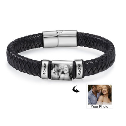 Pulsera de Cueros Trenzados Aros Personalizados de 2-5 Nombres y Placa de Foto-Jessemade ES