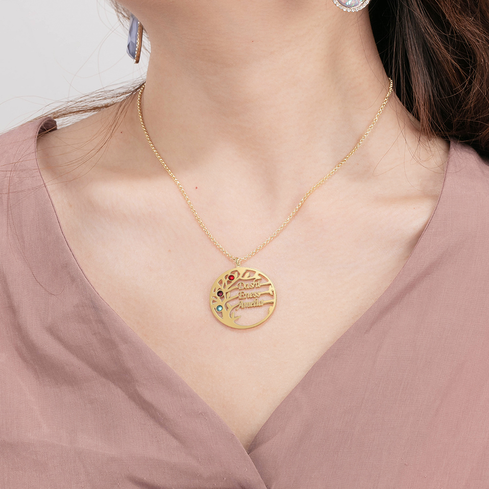 Collar de plata 925 Árbol de la Vida Árbol Genealógico 3 nombres y 3 piedras de nacimiento-Jessemade ES