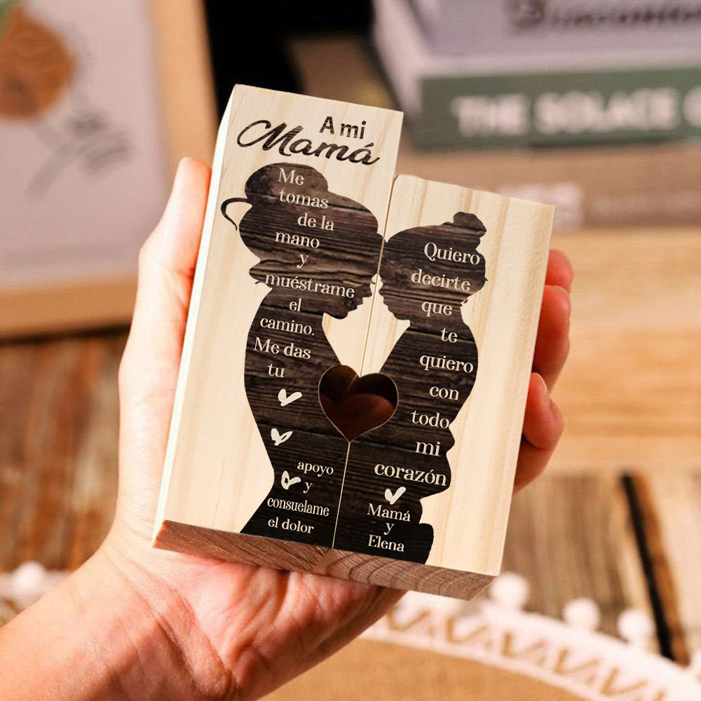 A mi mamá-Candelero de madera de dos piezas sin candela silueta de mamá y niñ@ 1 texto personalizado-Jessemade ES