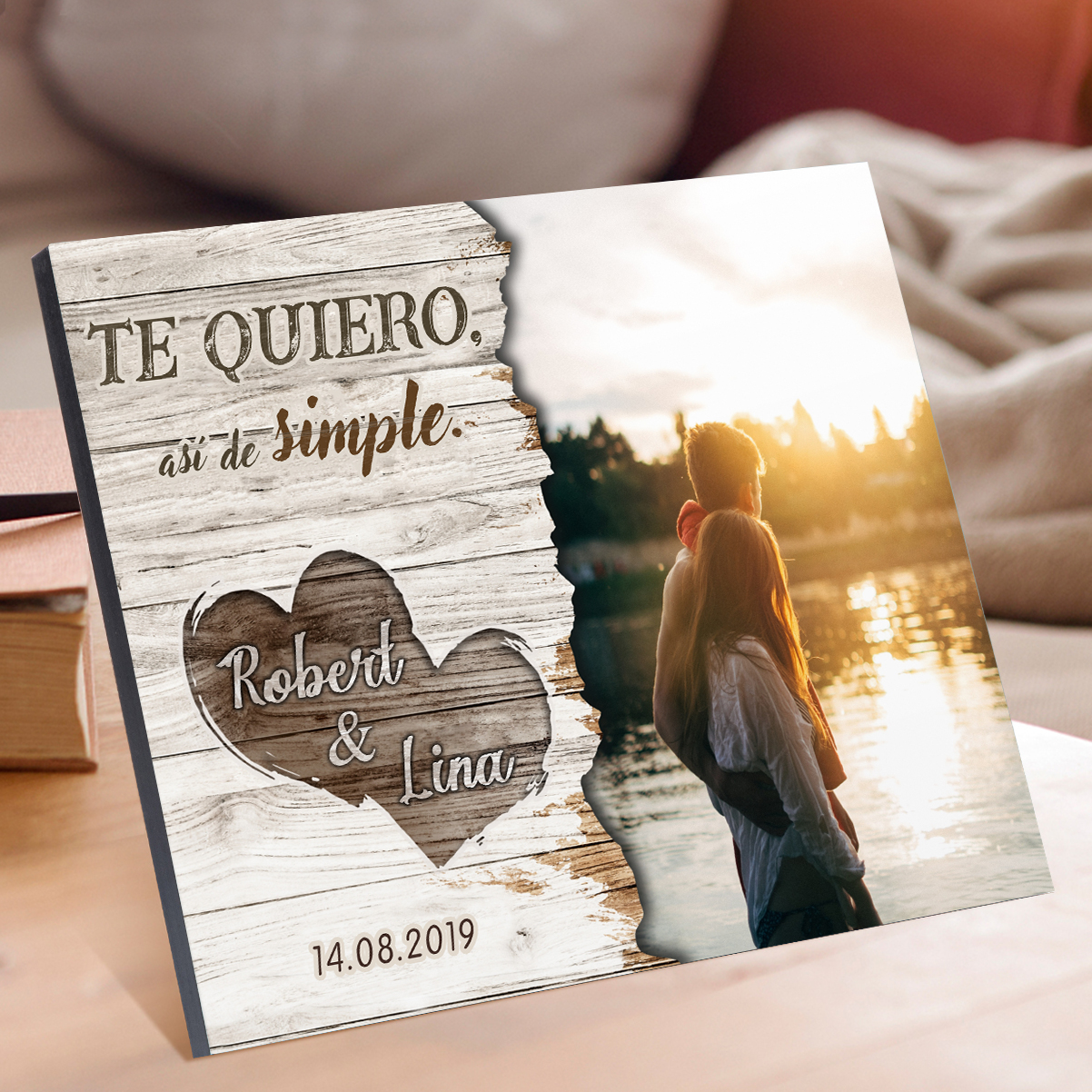 Lámina marco de madera para pareja 2 nombres personalizados con fecha y foto-Jessemade ES