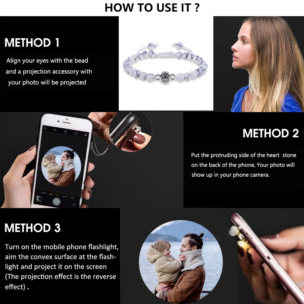 A mi papá-Pulsera de perlas blancas con proyección de foto en color para hombre-Jessemade ES