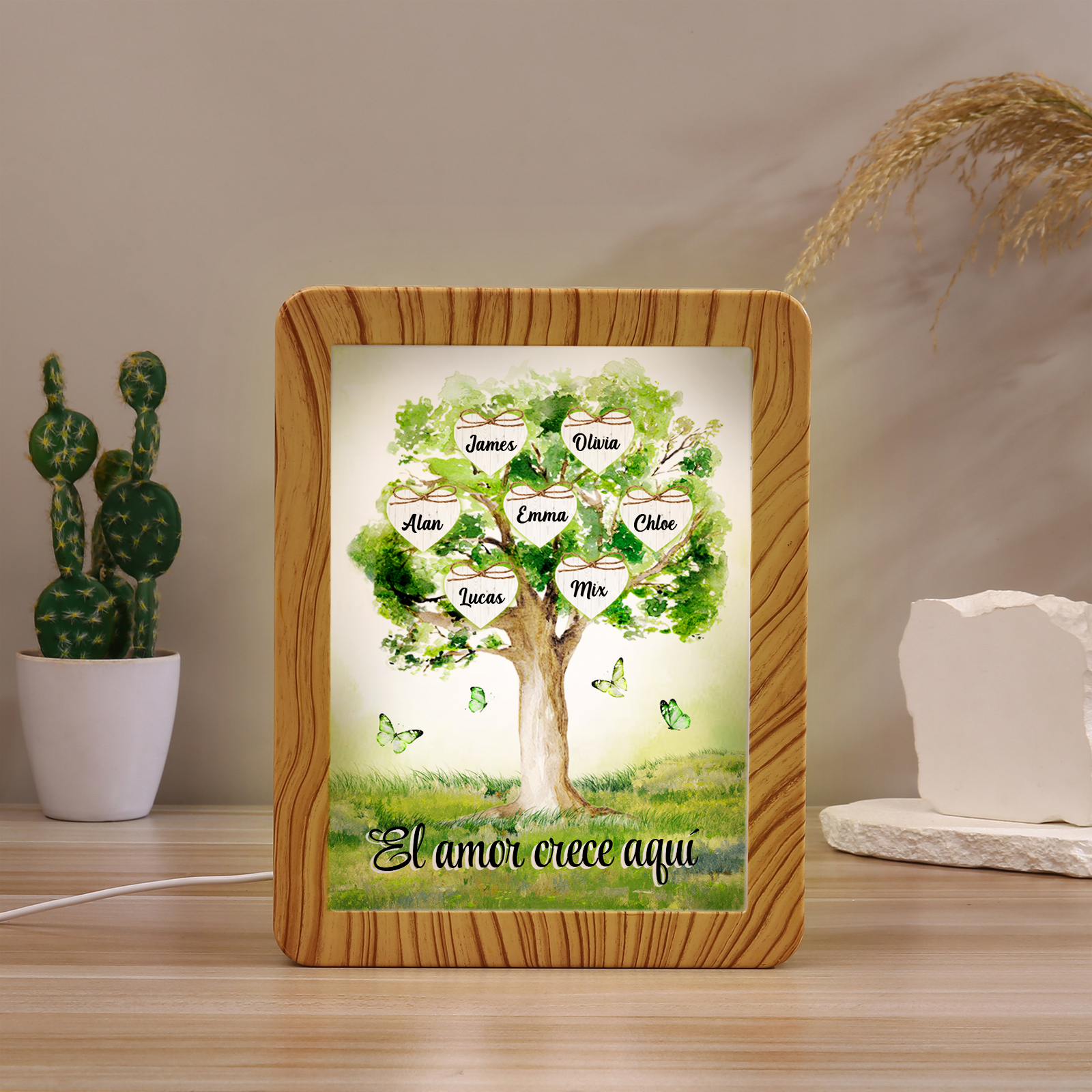 Marco/Espejo con LED Multifuncional Árbol de la Vida 2-8 Nombres Personalizados con 1 Texto-Jessemade ES