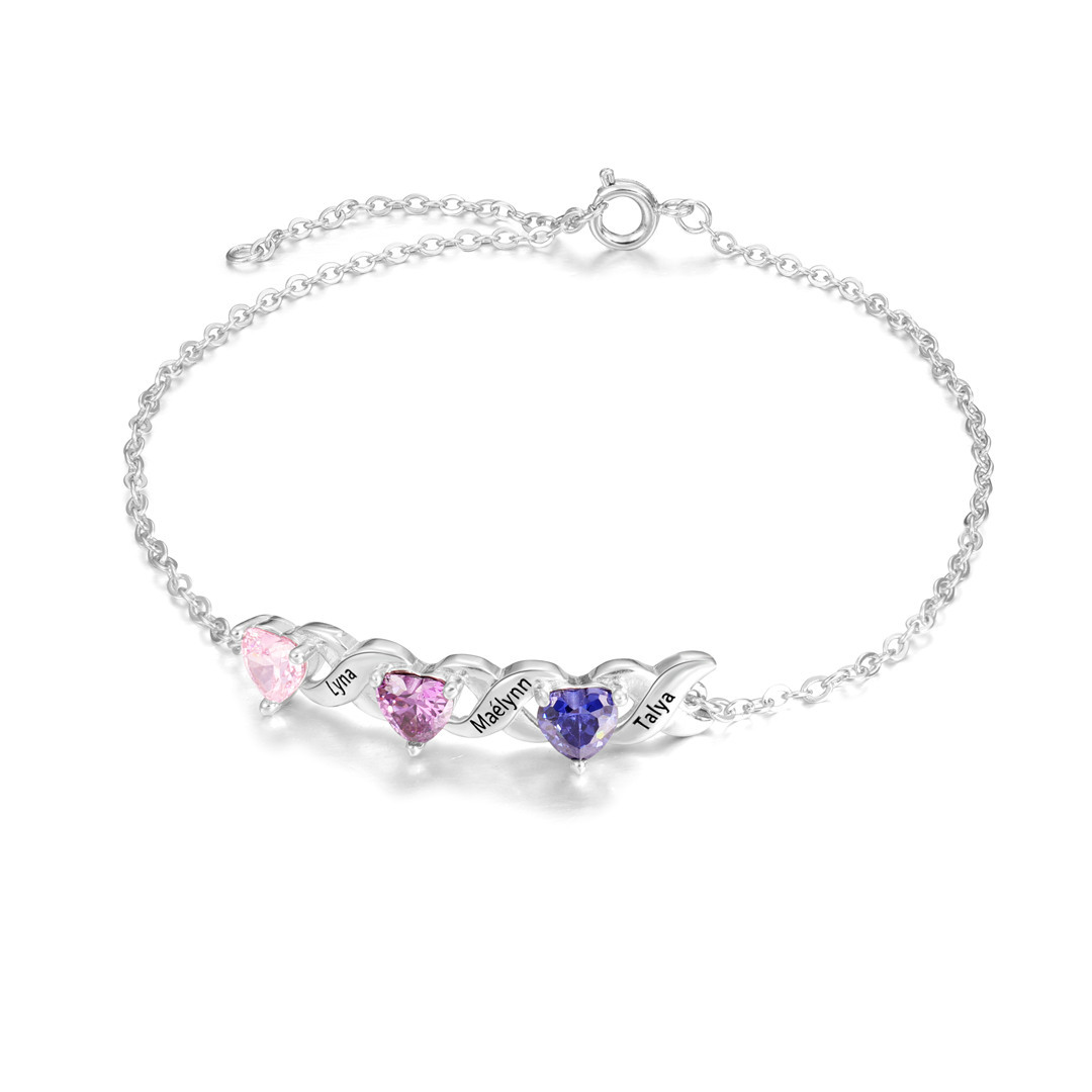 Pulsera infinito personalizada con 3 nombres y 3 piedras de nacimiento de corazón-Jessemade ES