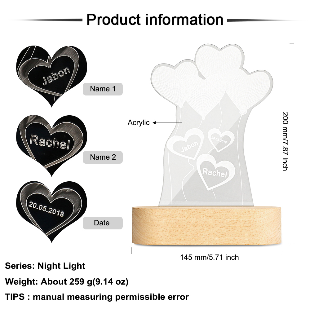 Lámpara de globo de corazón 3D Ilusión Luz de Noche LED 3 nombres personalizados
