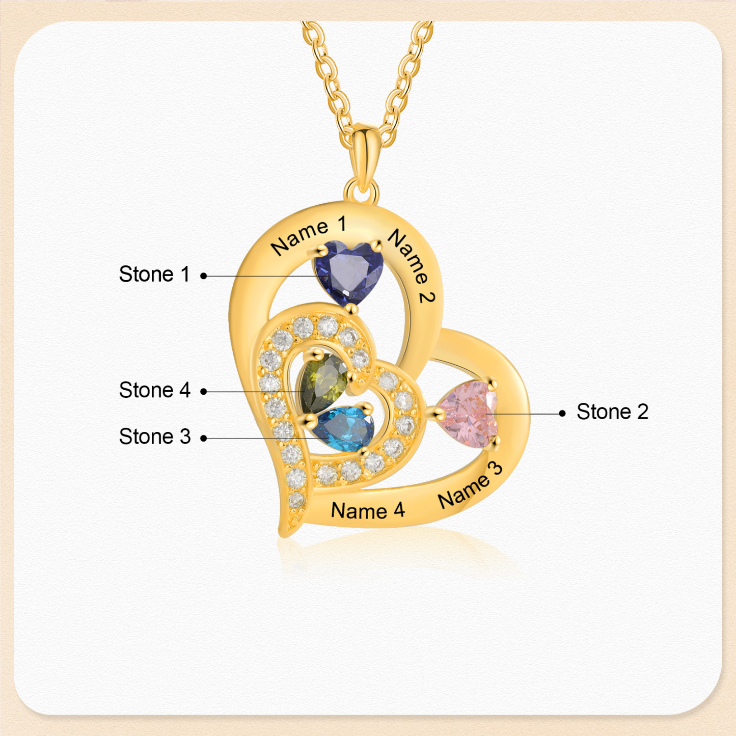 Collar corazón con 1-6 nombres personalizados y 1-6 piedras de nacimiento-Jessemade ES