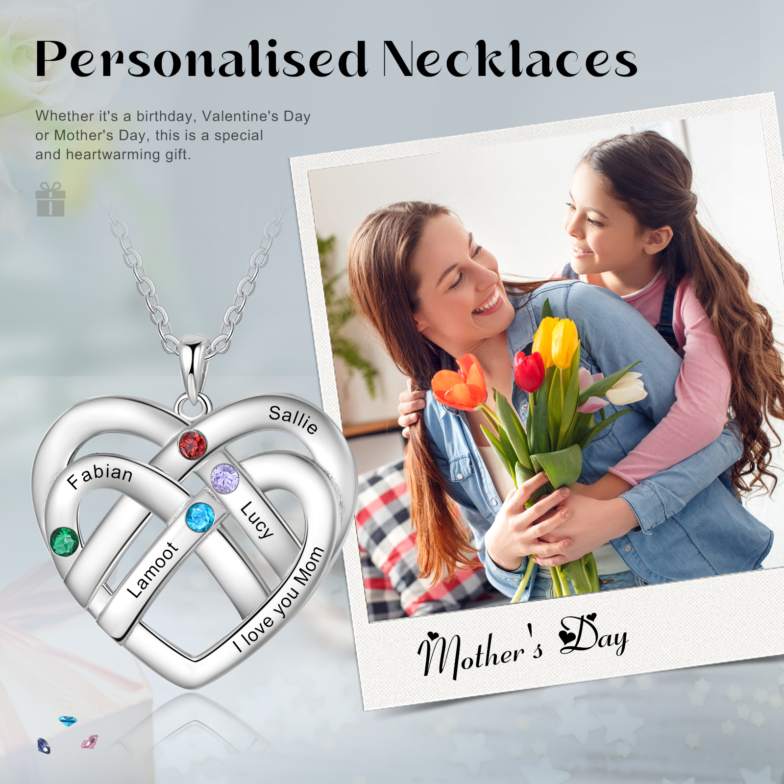 Collar de corazón con 4 nombres y piedras de nacimiento personalizados con texto-Jessemade ES