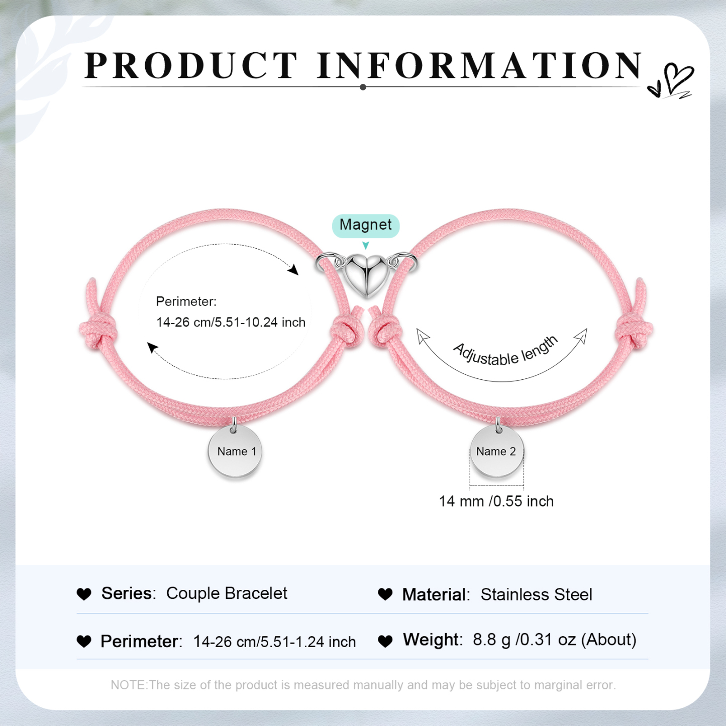 Pulseras de cuerda luminosa personalizadas para pareja con dije de corazón magnético grabado de dos nombres-Jessemade ES