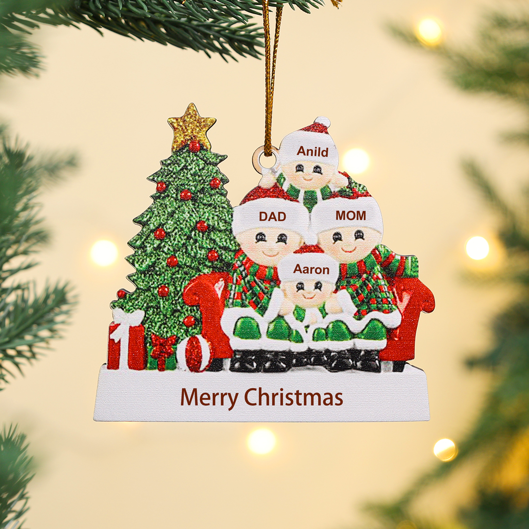 Navidad-Ornamentos Navideños de Madera Familia de 4 nombres Personalizados con Texto