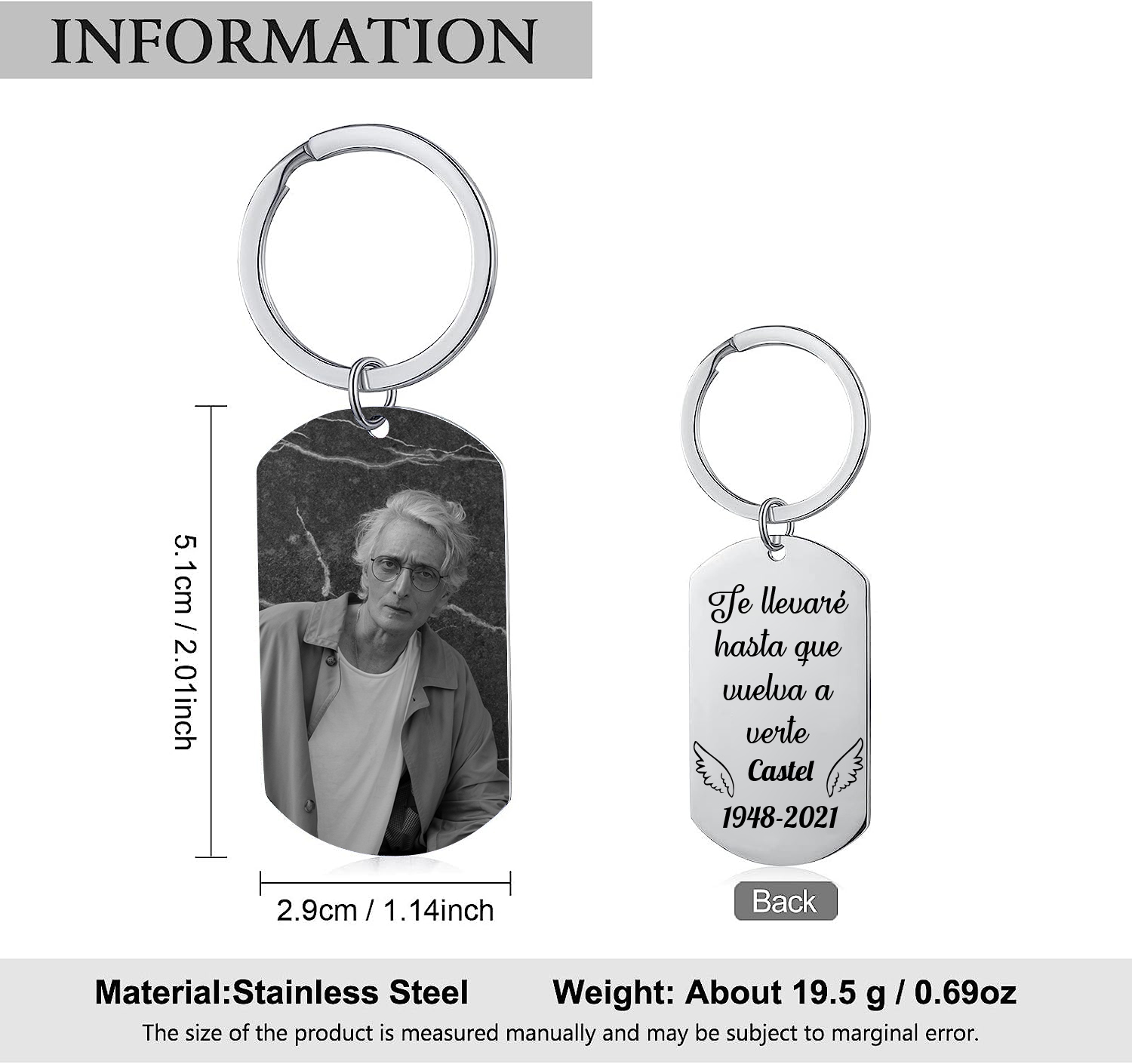 Llavero conmemorativo a un ser querido personalizado con foto, nombre y años-Jessemade ES