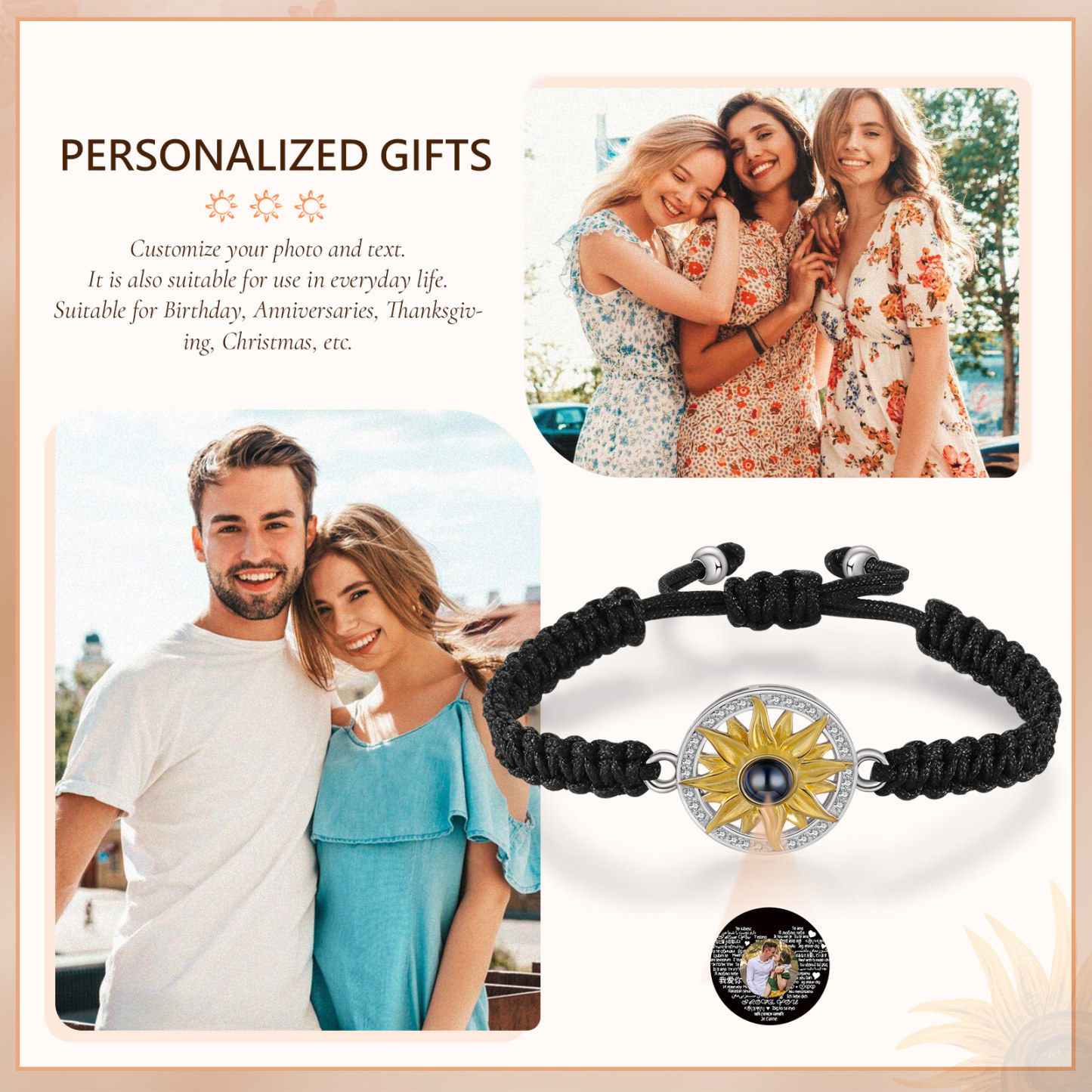 Pulsera con proyección de foto con dije de girasol cuerda negra-Jessemade ES