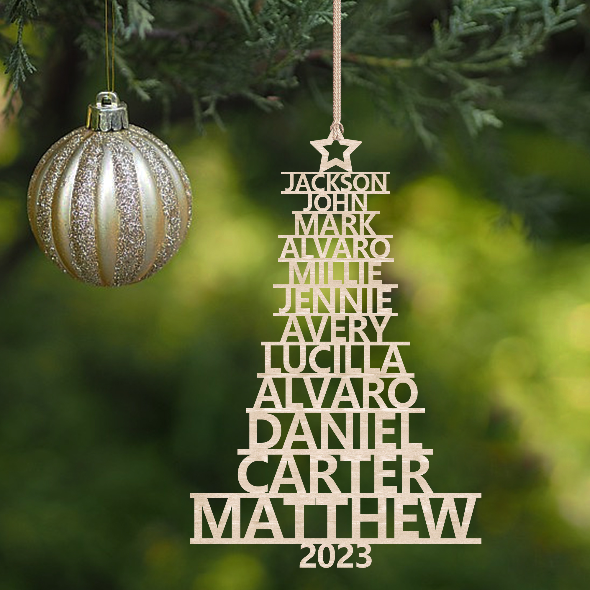 Navidad-Ornamento navideño de madera árbol de nombres con 12 nombres y año personalizados