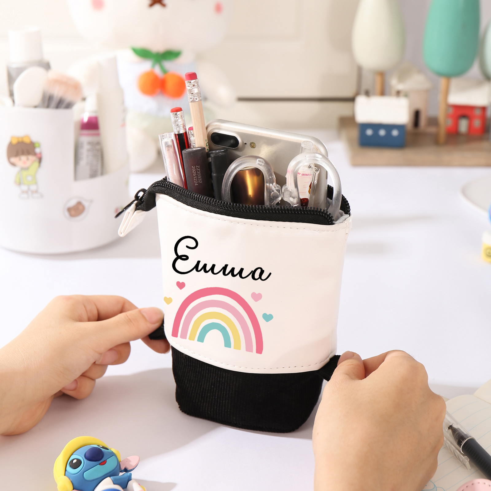 Estuche personalizado con nombre con diseños coloridos de iris para niños